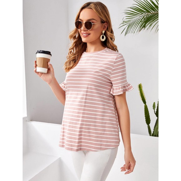 MATERNITY Flounce Short Sleeve Striped Tee shirt pink - Picture 4 of 5